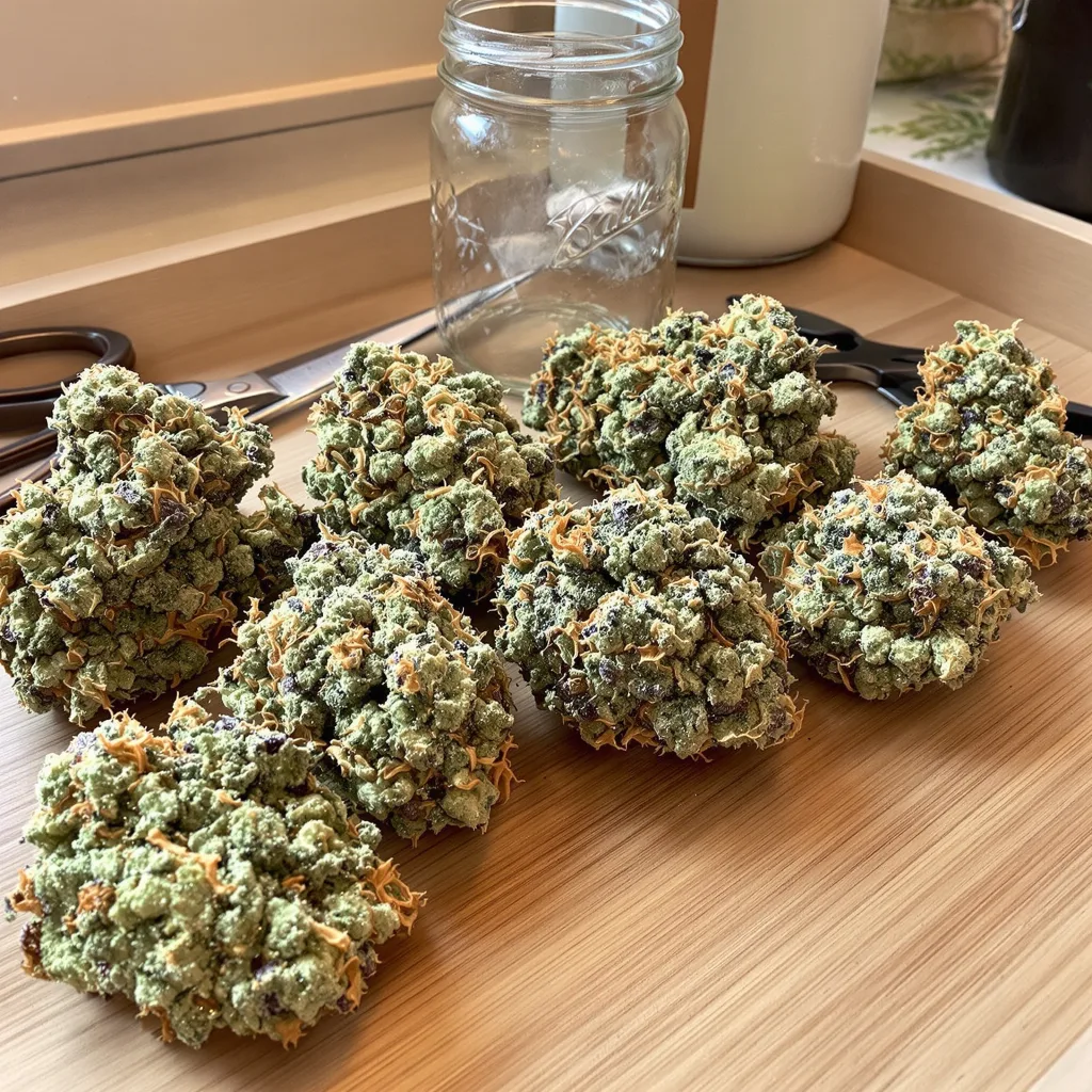 Lucky 54% indica / 46% sativa flower with visible trichomes