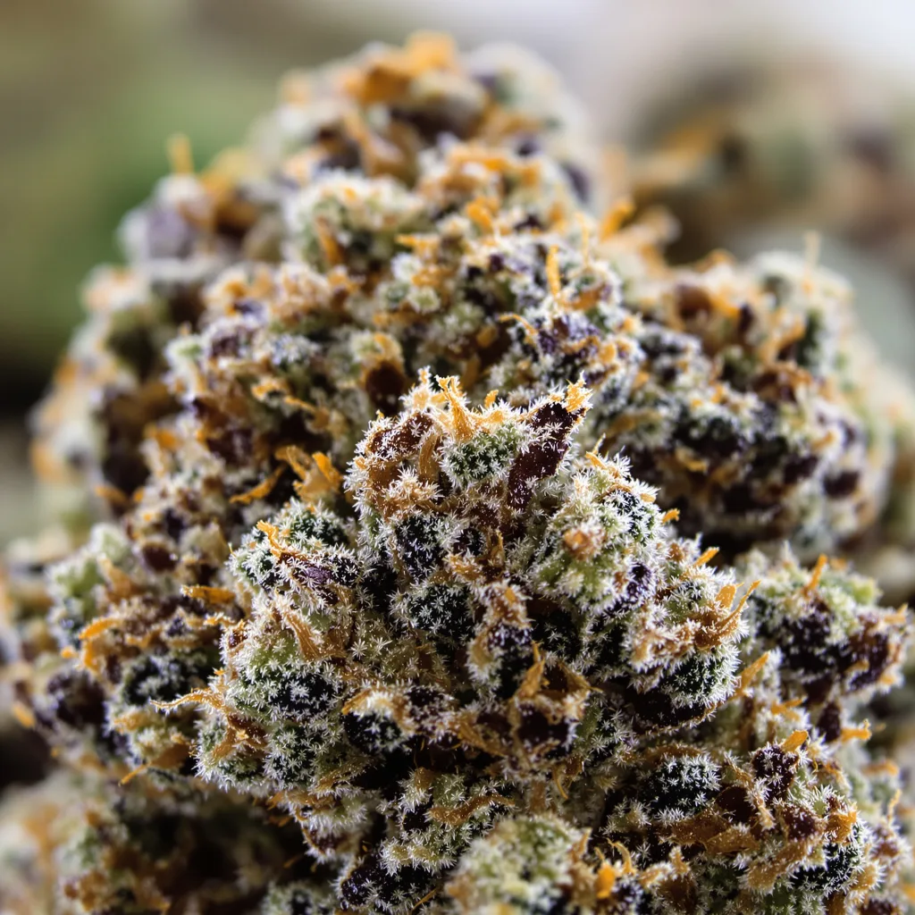 Magic Beans OG cannabis bud close-up showing dense purple-tinged calyxes