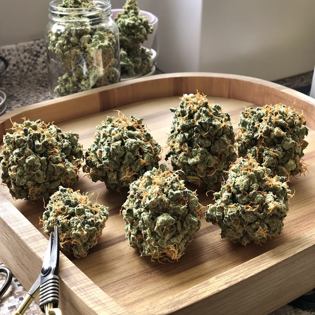Mandala #1 52% indica / 48% sativa flower with visible trichomes