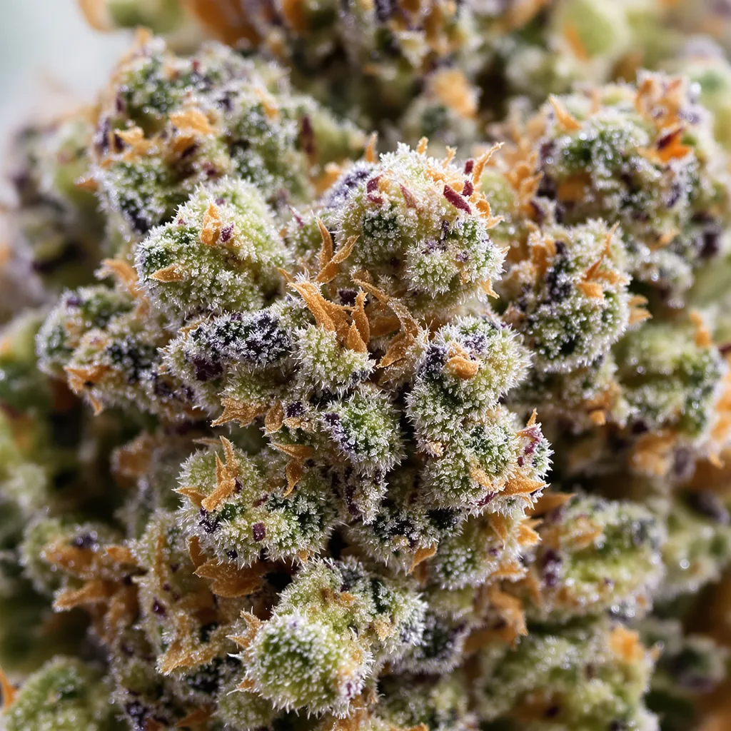 Mandarin cannabis bud close-up showing open-bud structure with orange pistils