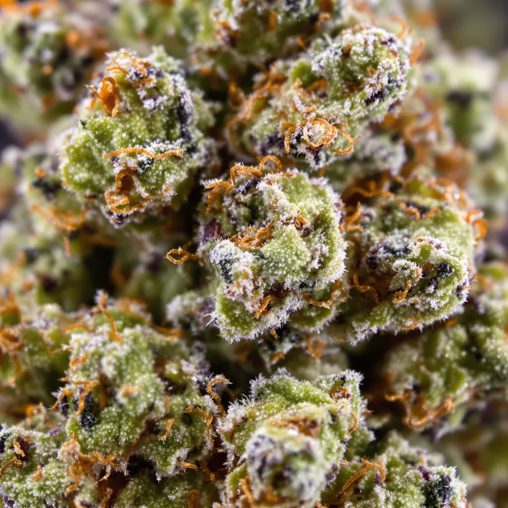 Mandarin cannabis bud close-up showing open-bud structure with orange pistils