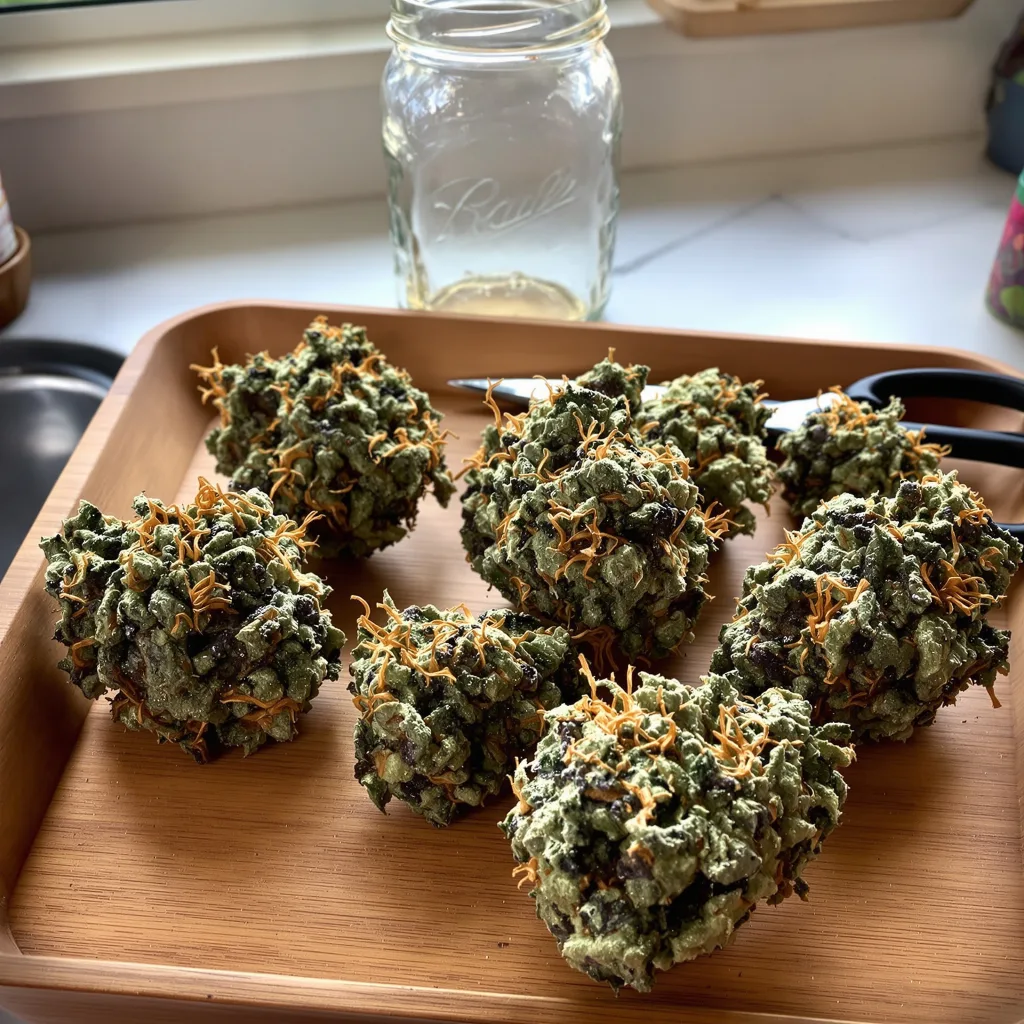 Mango 67% indica / 33% sativa flower with visible trichomes