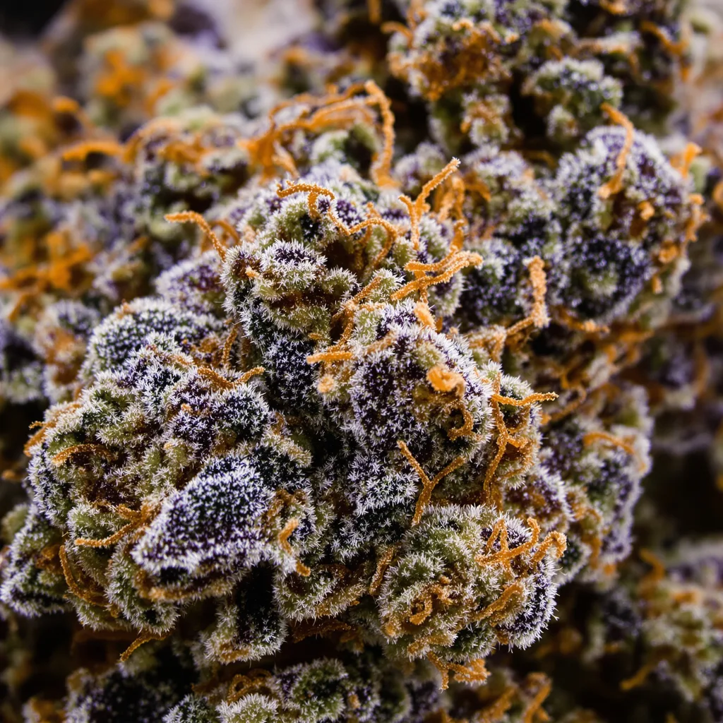 Mango cannabis bud close-up showing dense purple-tinged calyxes