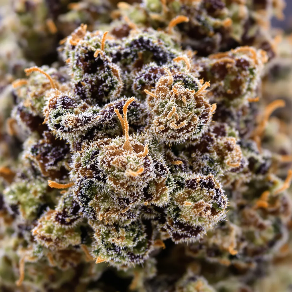 Mango Kush cannabis bud close-up showing dense purple-tinged calyxes