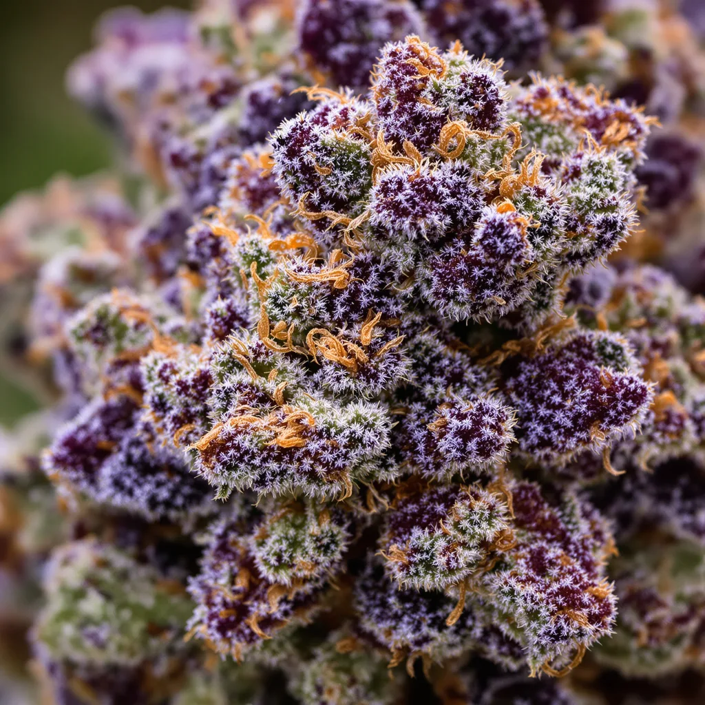 Mango Kush cannabis bud close-up showing dense purple-tinged calyxes