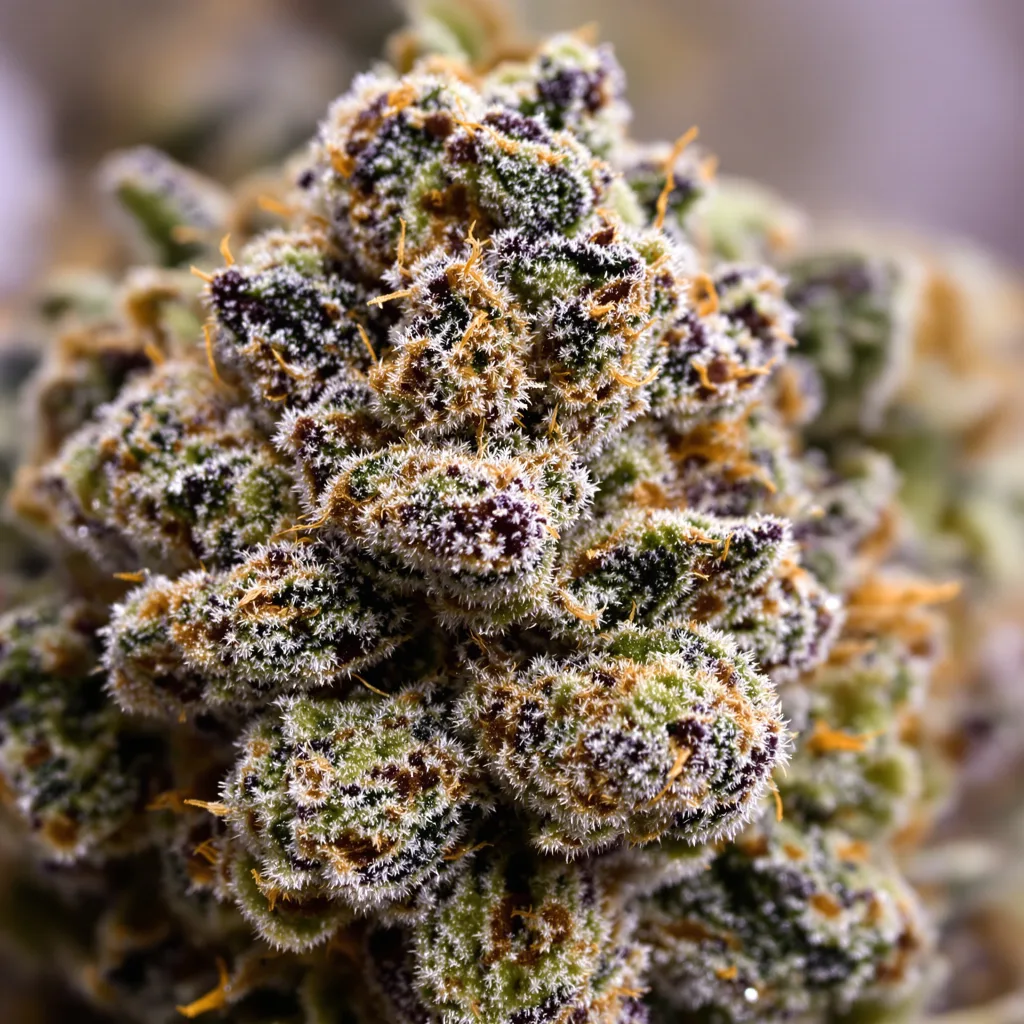 Marcosus Marshmellow cannabis bud close-up showing dense purple-tinged calyxes