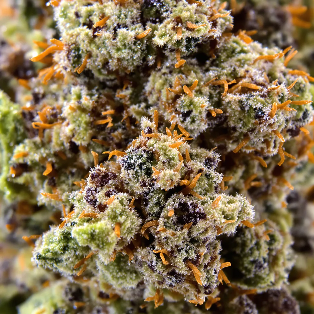 Mars OG cannabis bud close-up showing dense purple-tinged calyxes