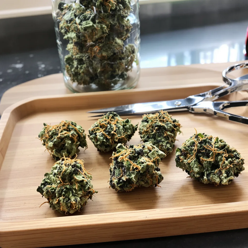 Master Kush 89% indica / 11% sativa flower with visible trichomes