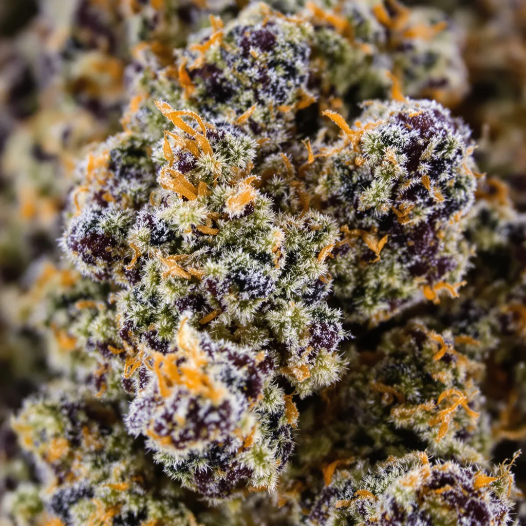 Master Kush cannabis bud close-up showing dense purple-tinged calyxes