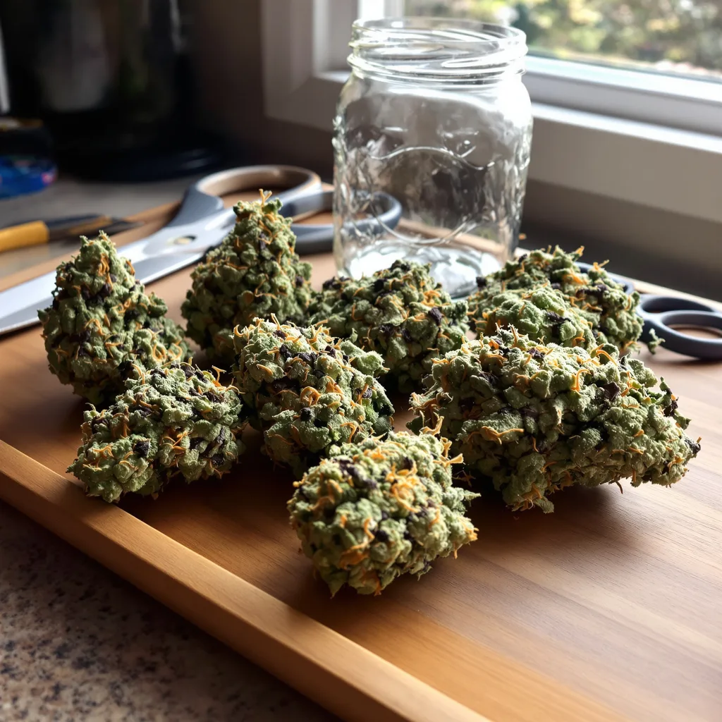 Master Yoda 40% indica / 50% sativa flower with visible trichomes