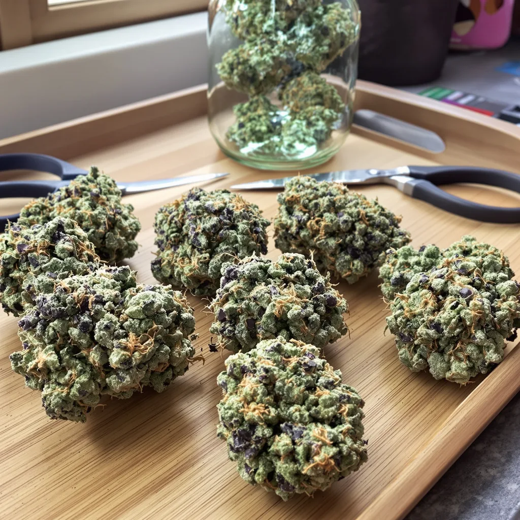 Maxi Gom 54% indica / 46% sativa flower with visible trichomes