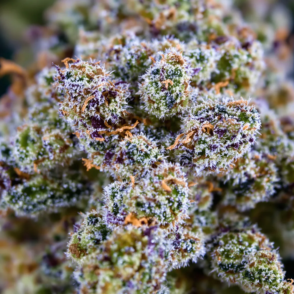 Maxi Gom cannabis bud close-up showing balanced bud structure with frosted trichomes