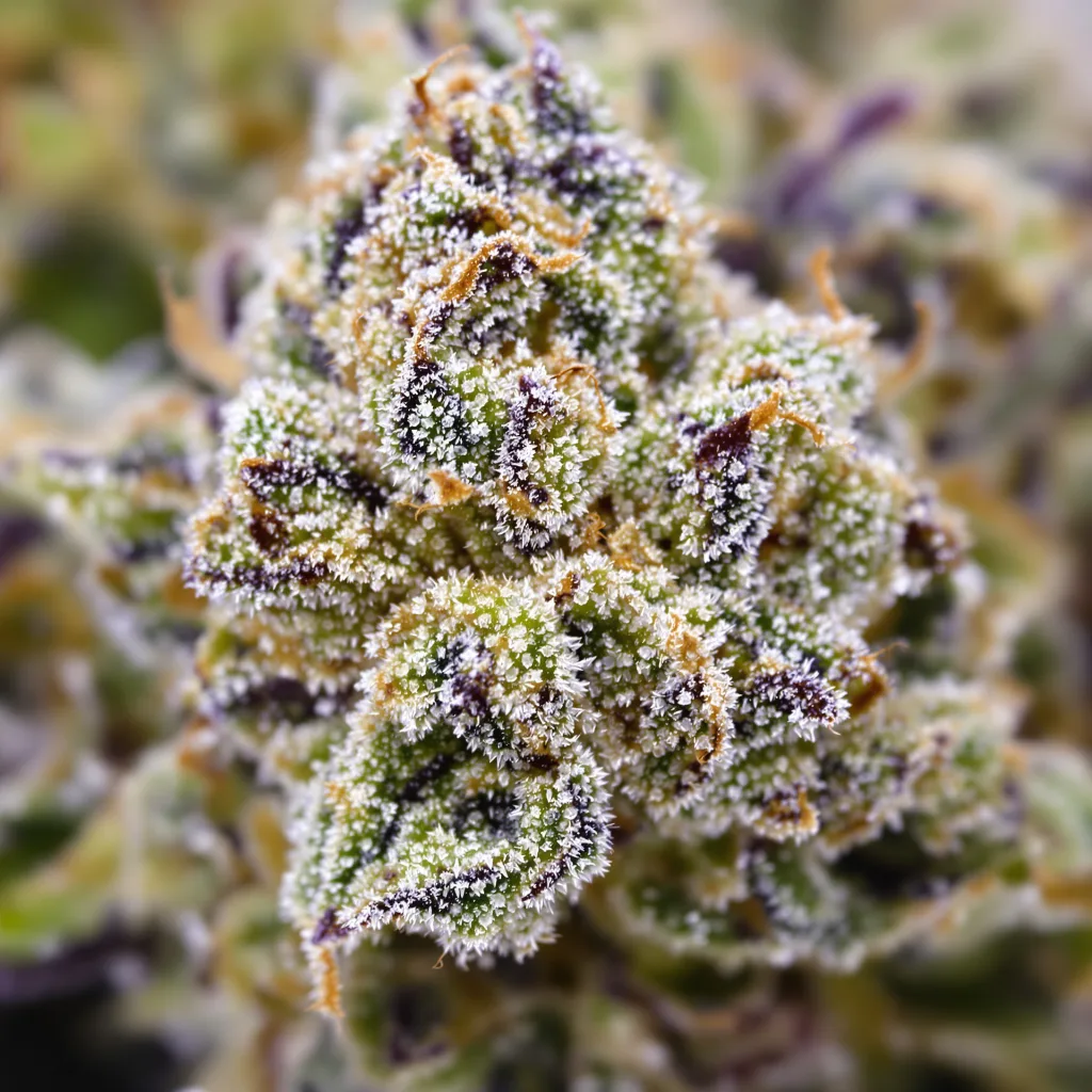Maxi Gom cannabis bud close-up showing balanced bud structure with frosted trichomes