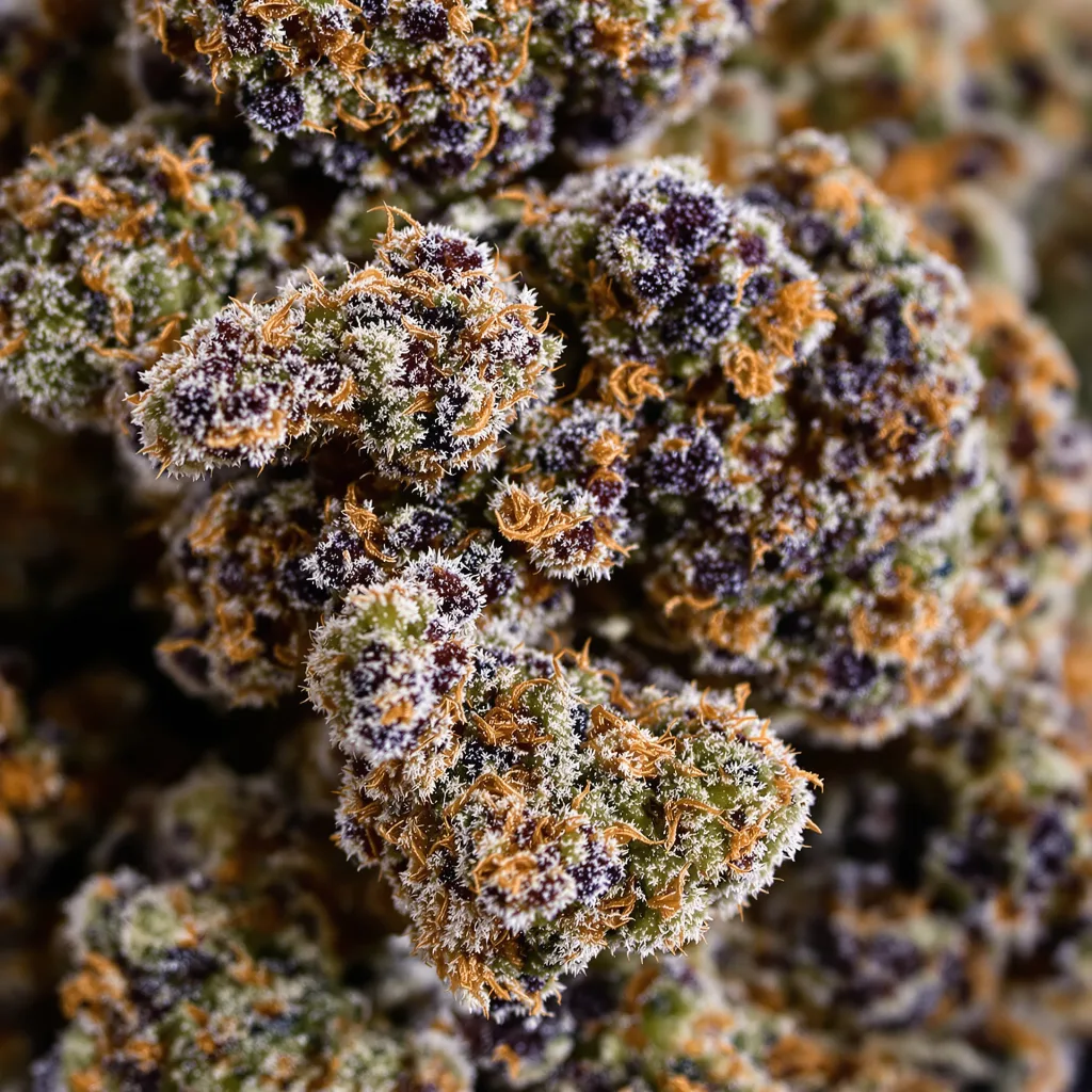 Mazar cannabis bud close-up showing dense purple-tinged calyxes