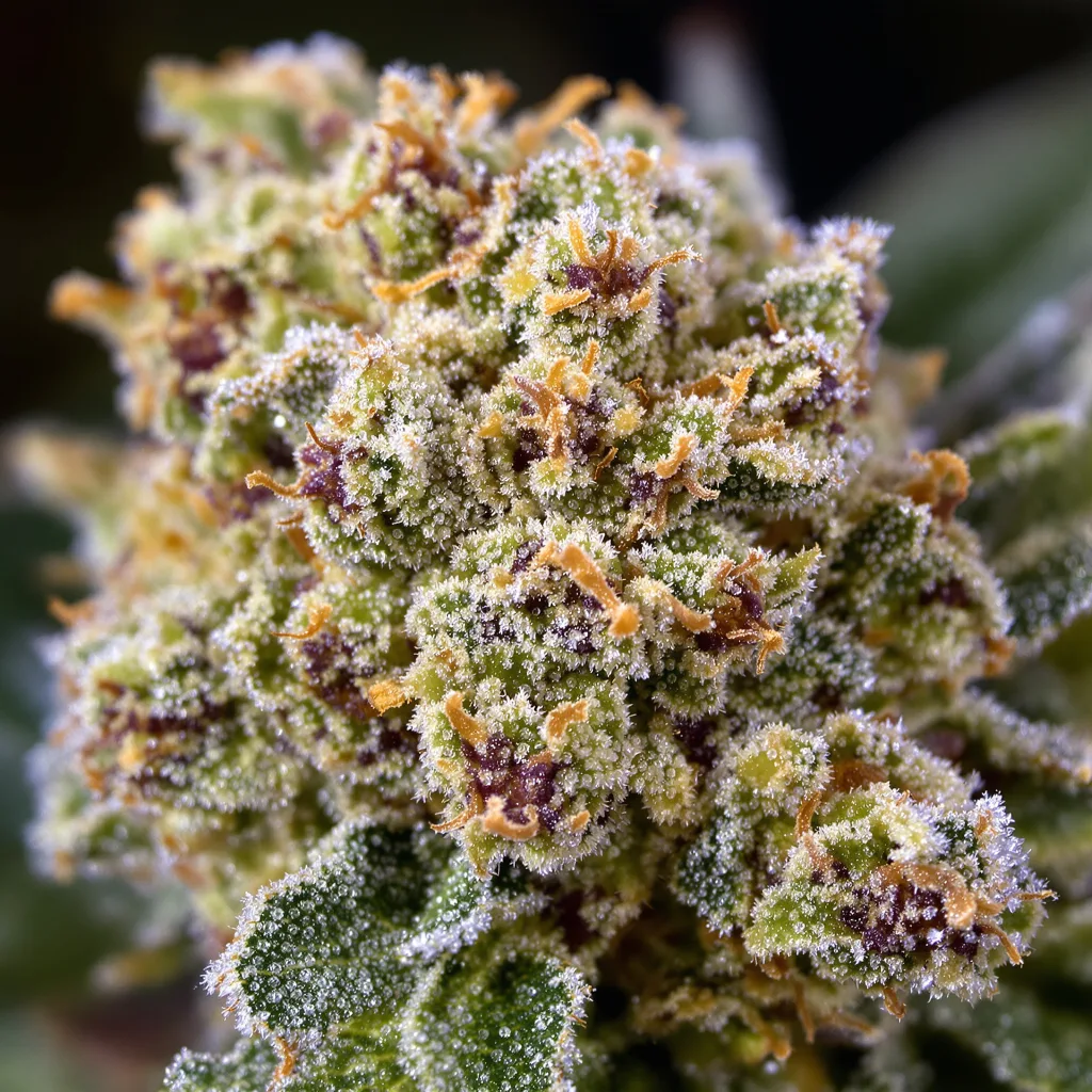 Mean Misty cannabis bud close-up showing open-bud structure with orange pistils