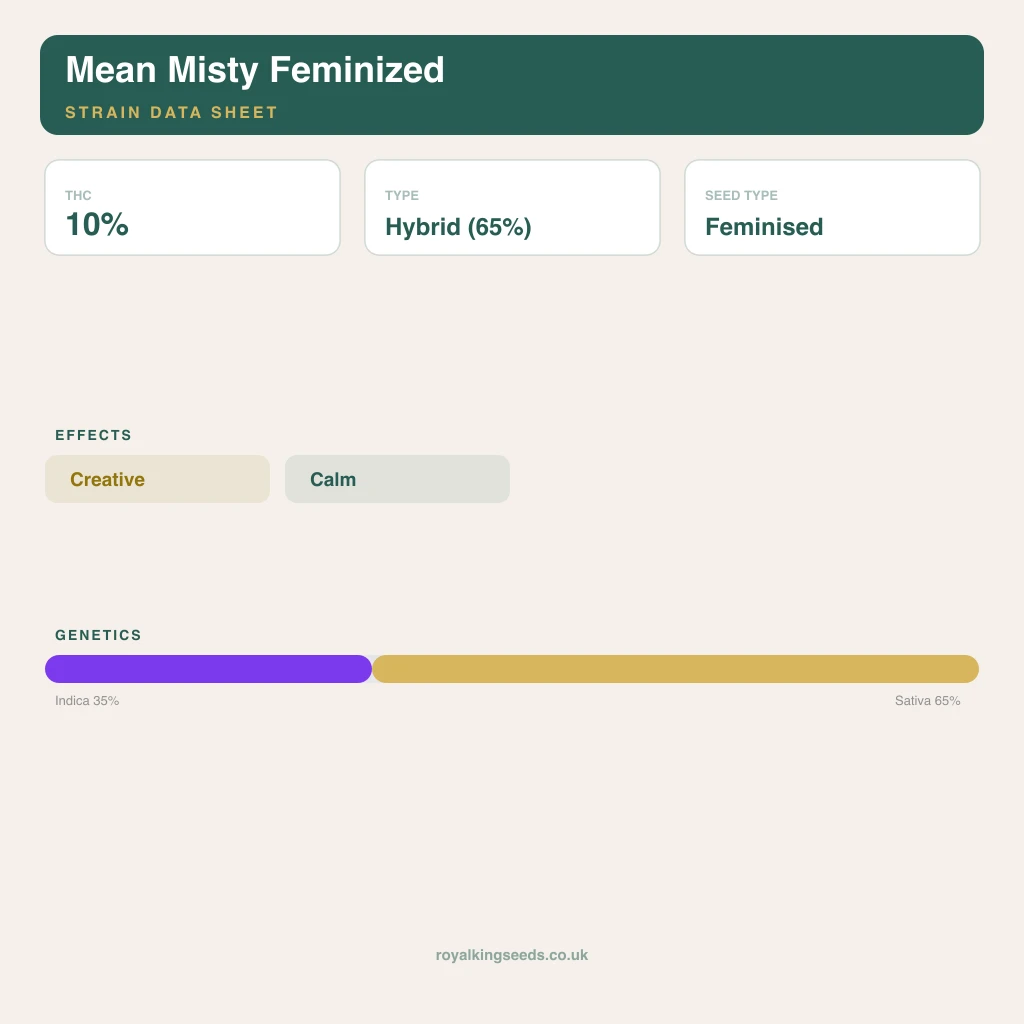 Mean Misty 35% indica / 65% sativa flower with visible trichomes