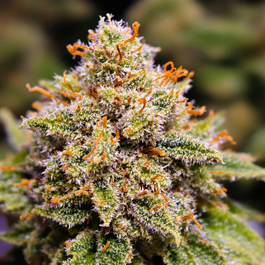 Mean Misty cannabis bud close-up showing open-bud structure with orange pistils