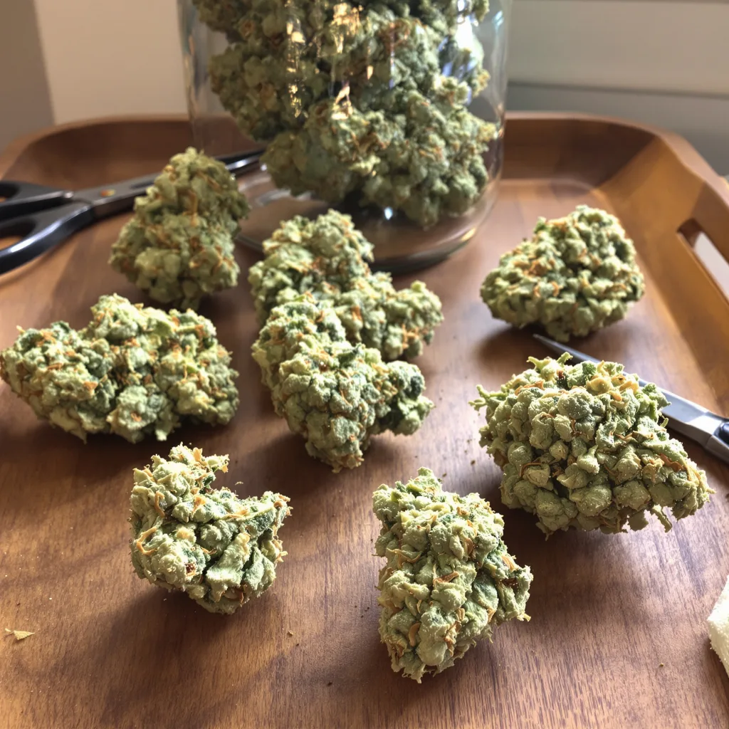 MedGom CBD 53% indica / 47% sativa flower with visible trichomes