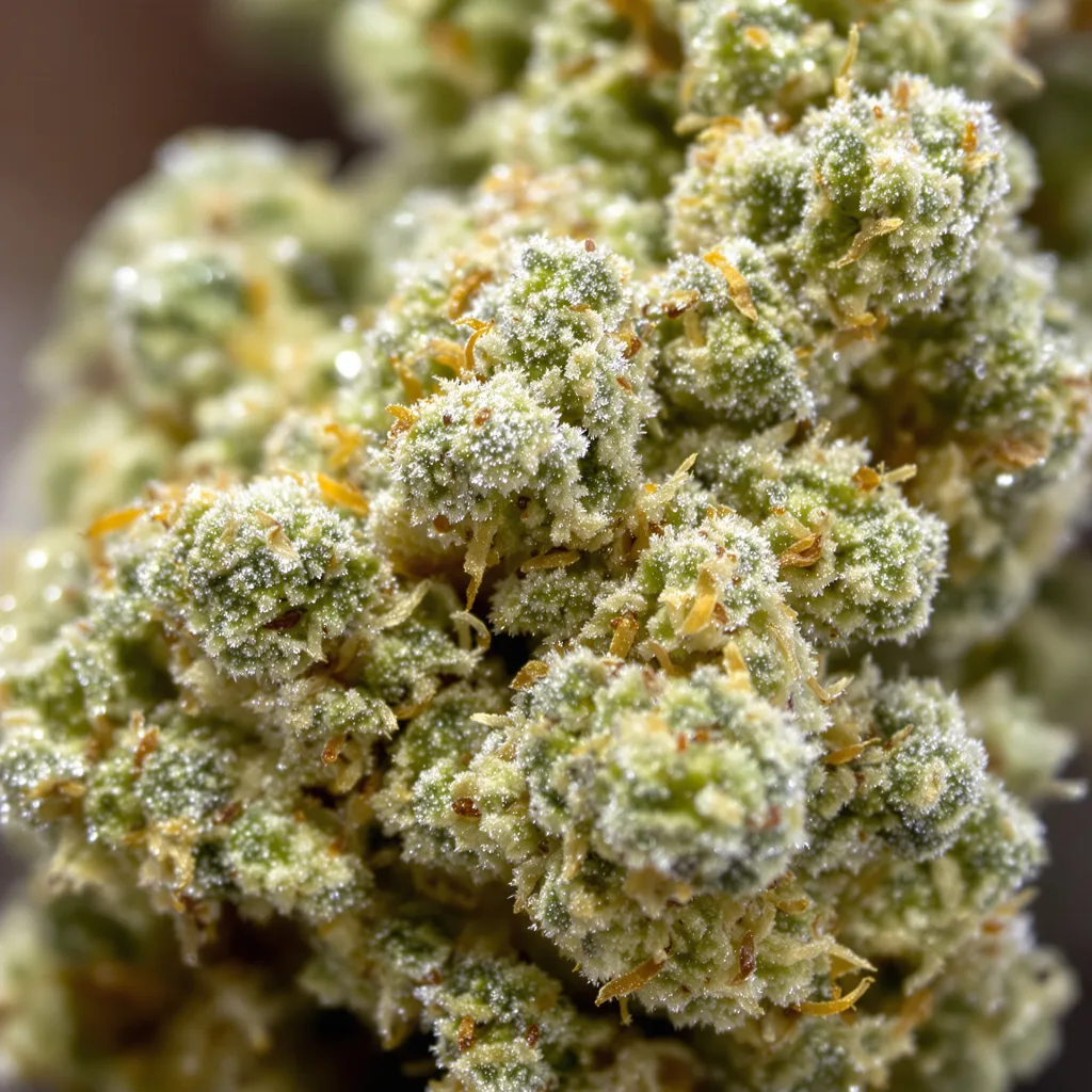 MedGom CBD cannabis bud close-up showing pale-green low-resin flower