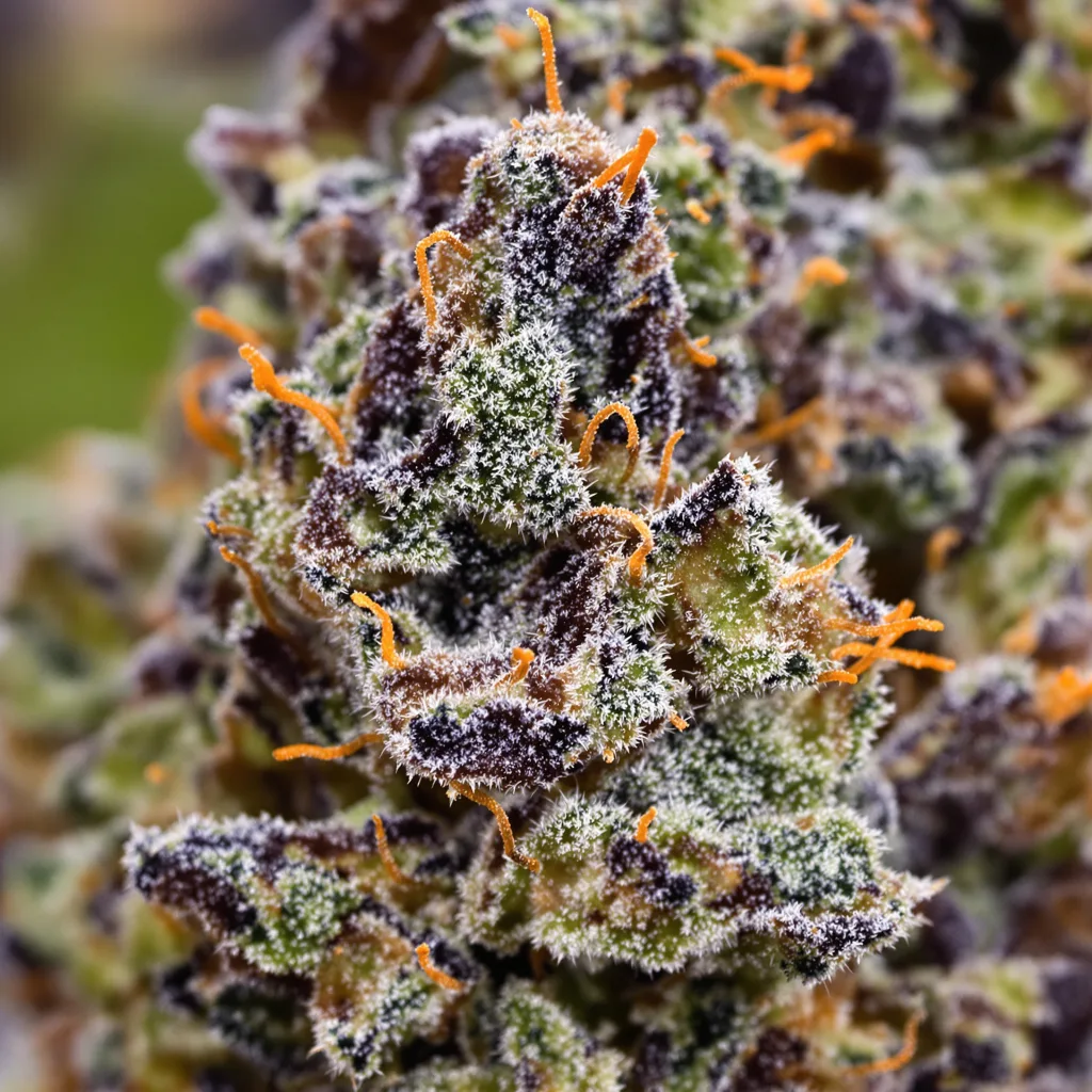 Medicine Man cannabis bud close-up showing dense purple-tinged calyxes