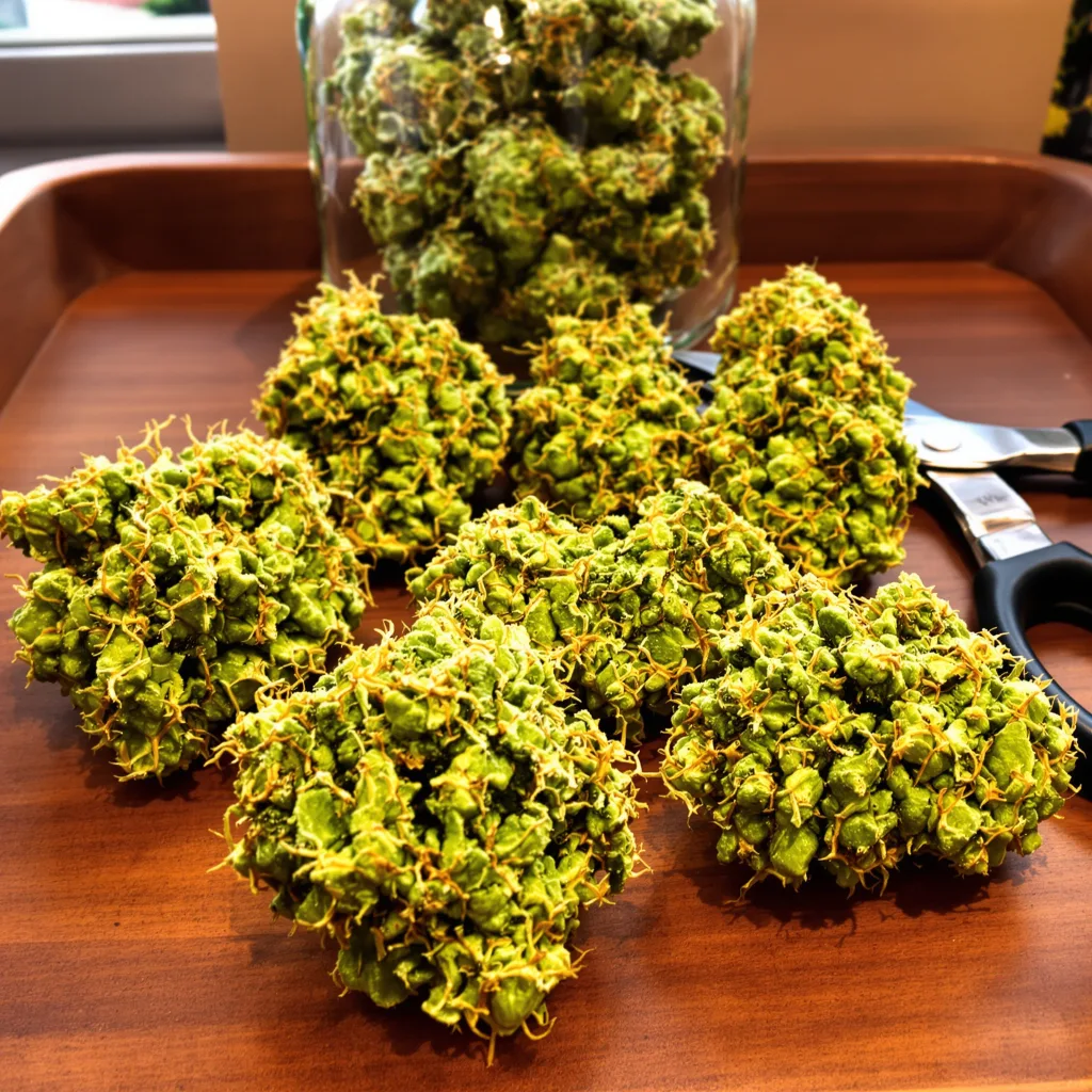 Melonade 17% indica / 83% sativa flower with visible trichomes