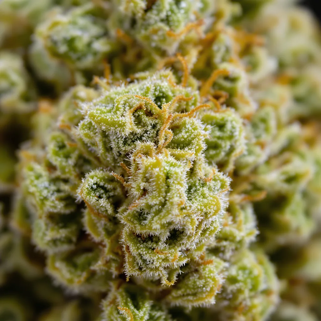 Melonade cannabis bud close-up showing lime-green airy structure