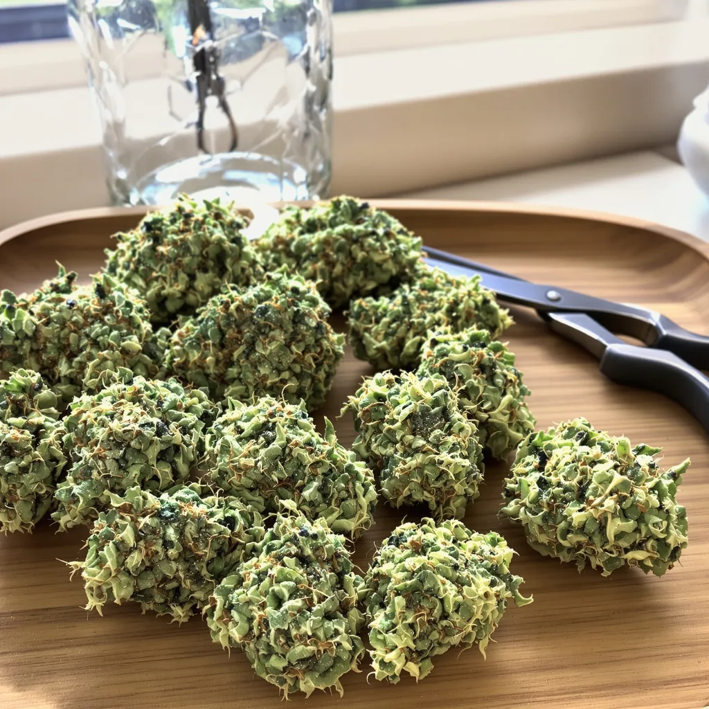 Melting Pot 13% indica / 87% sativa flower with visible trichomes
