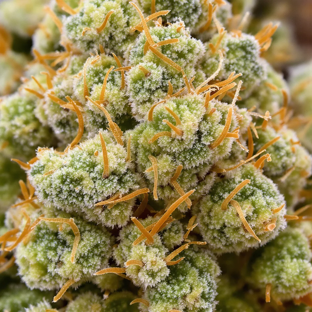 Melting Pot cannabis bud close-up showing lime-green airy structure