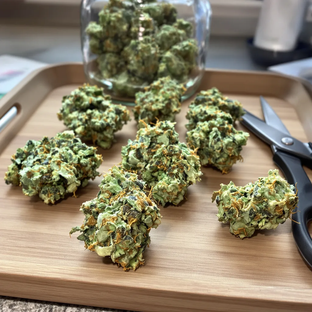 Mickey Kush 25% indica / 75% sativa flower with visible trichomes