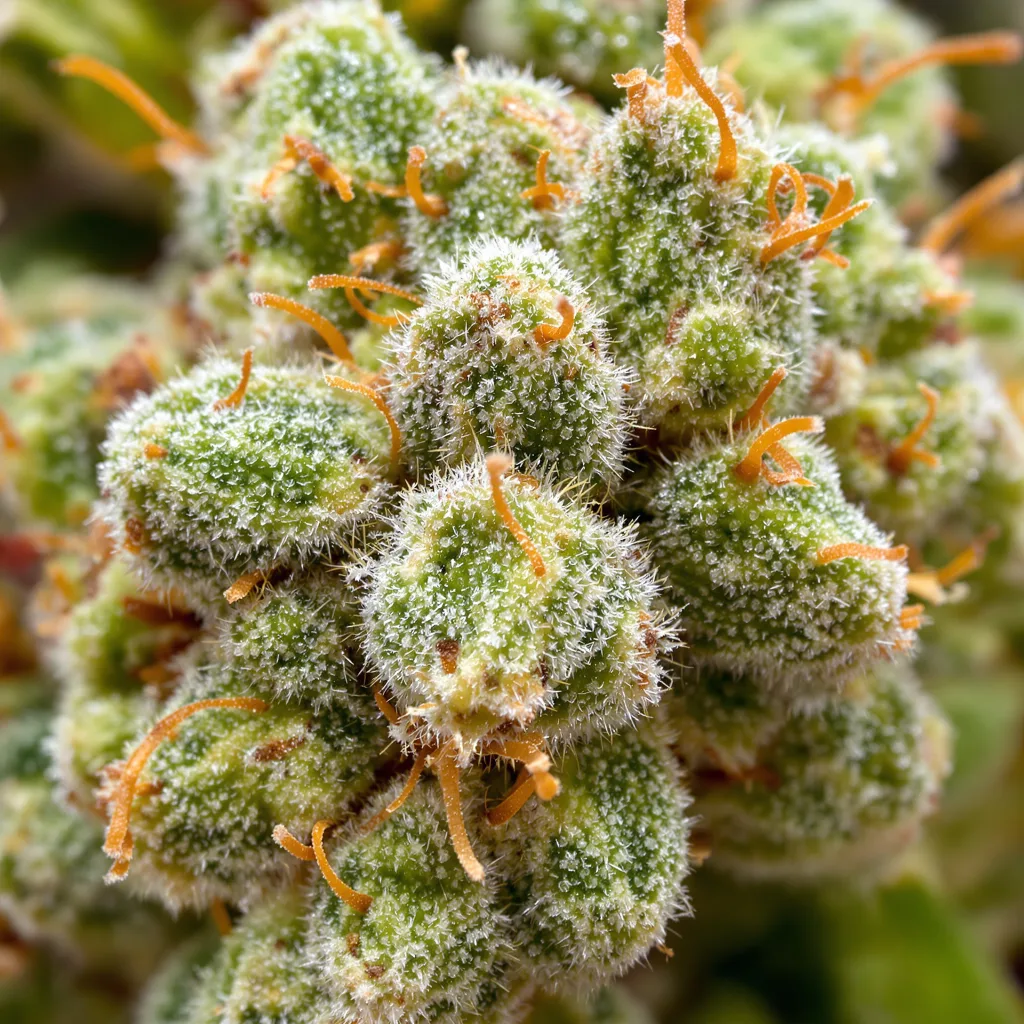 Mickey Kush cannabis bud close-up showing lime-green airy structure