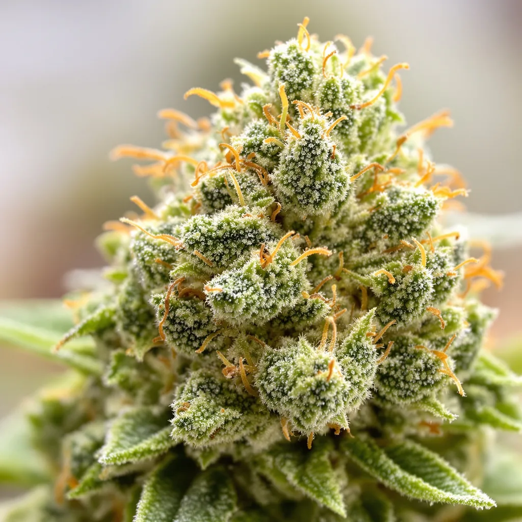 Mickey Kush cannabis bud close-up showing lime-green airy structure