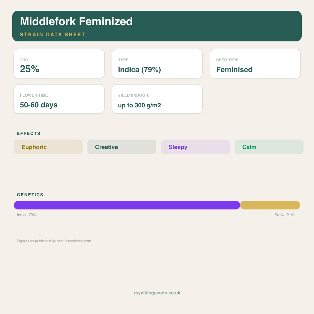Middlefork 79% indica / 21% sativa flower with visible trichomes
