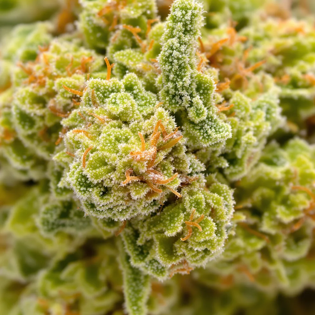 Mimosa cannabis bud close-up showing lime-green airy structure