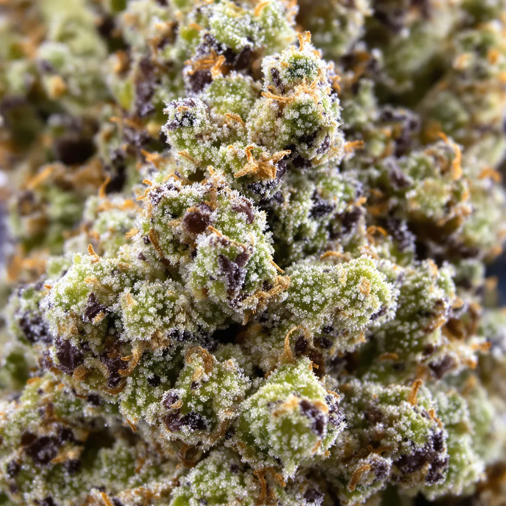 Mint Chocolate Chip cannabis bud close-up showing open-bud structure with orange pistils