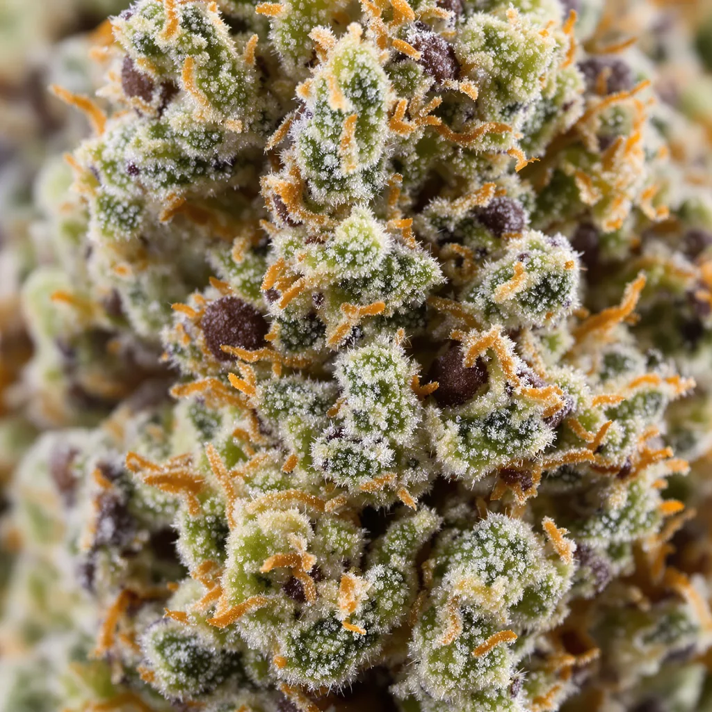 Mint Chocolate Chip cannabis bud close-up showing open-bud structure with orange pistils