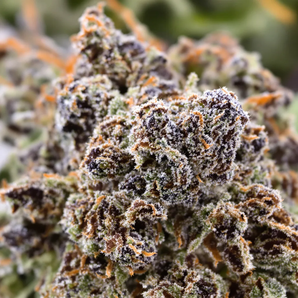 Mint Chocolate cannabis bud close-up showing dense purple-tinged calyxes