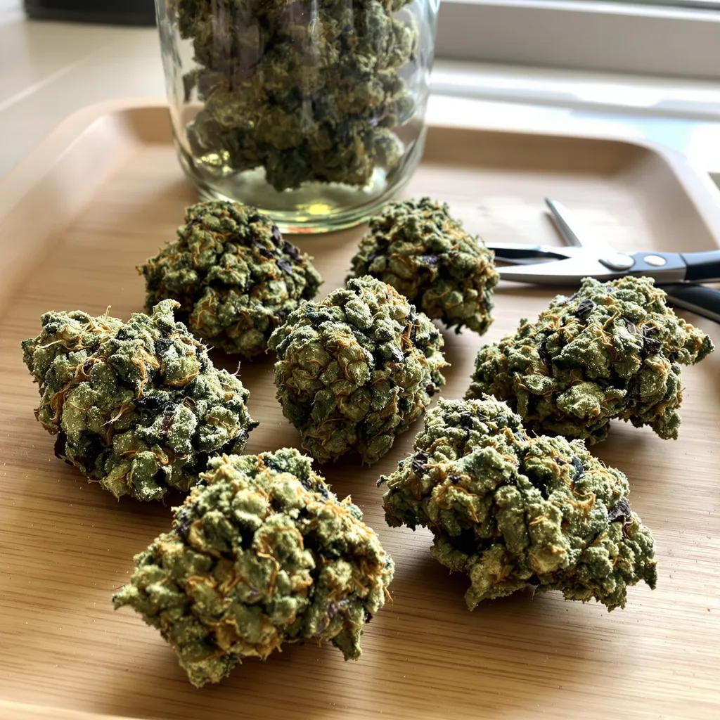 Misty Kush 47% indica / 53% sativa flower with visible trichomes