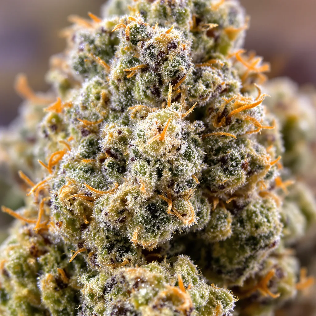 Mob Boss cannabis bud close-up showing open-bud structure with orange pistils