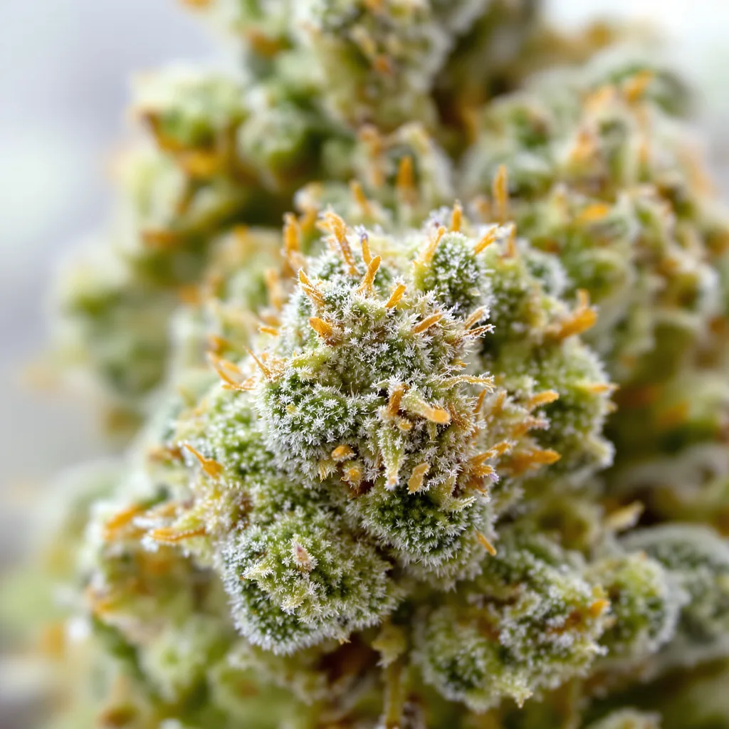 Moby Dick cannabis bud close-up showing lime-green airy structure