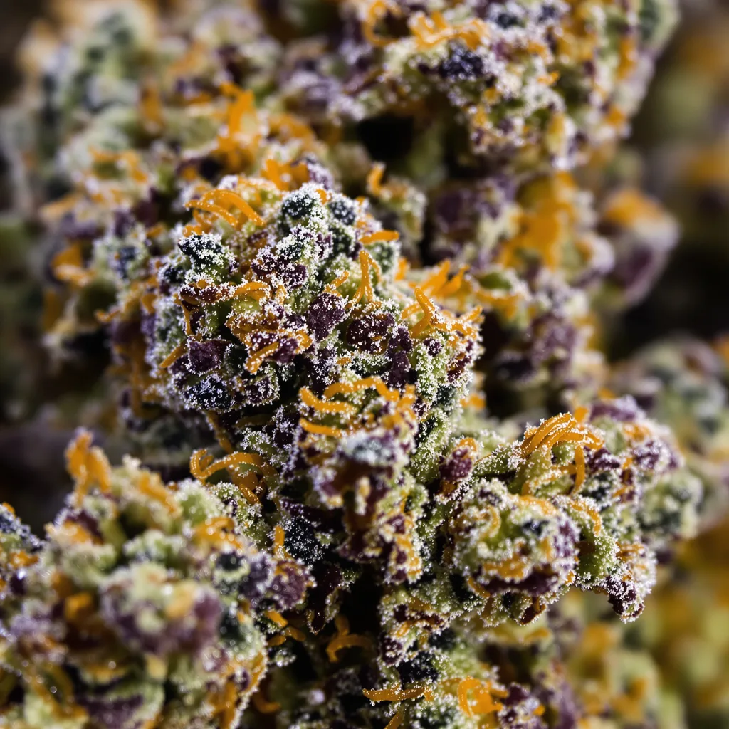 Money Maker cannabis bud close-up showing dense purple-tinged calyxes