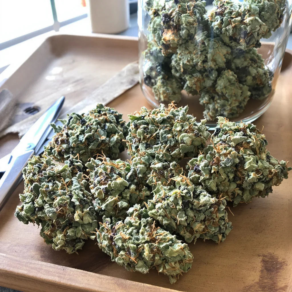 Monkey Berries 35% indica / 65% sativa flower with visible trichomes