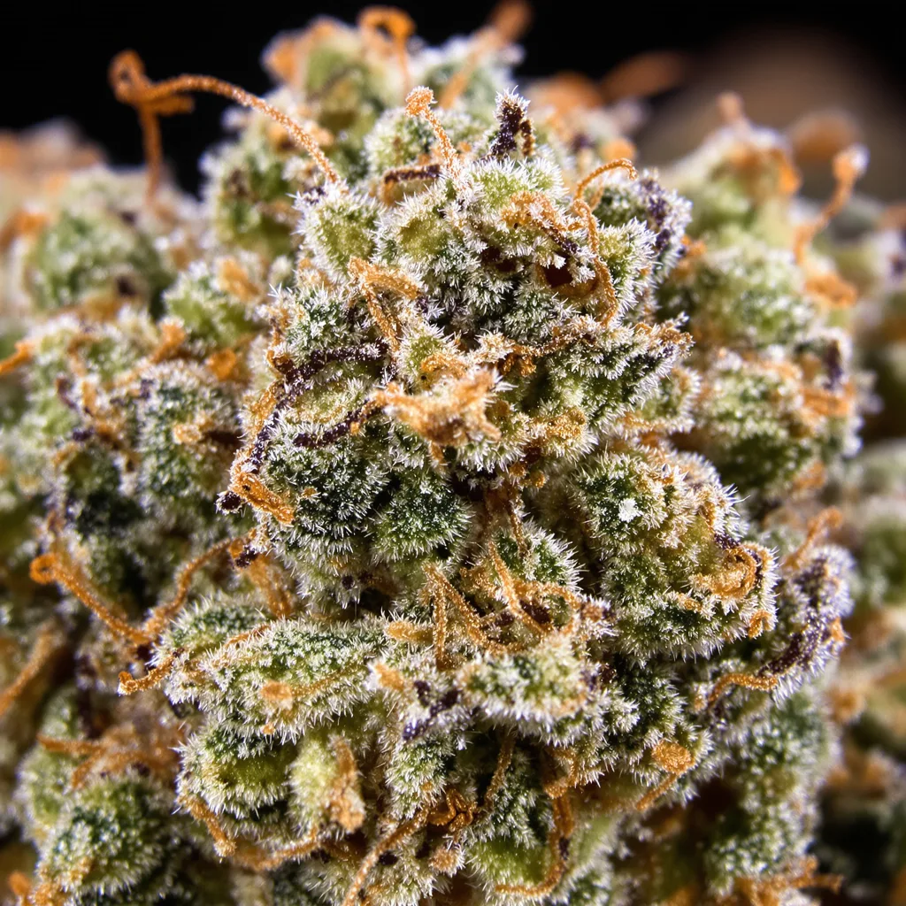 Monkey Berries cannabis bud close-up showing open-bud structure with orange pistils
