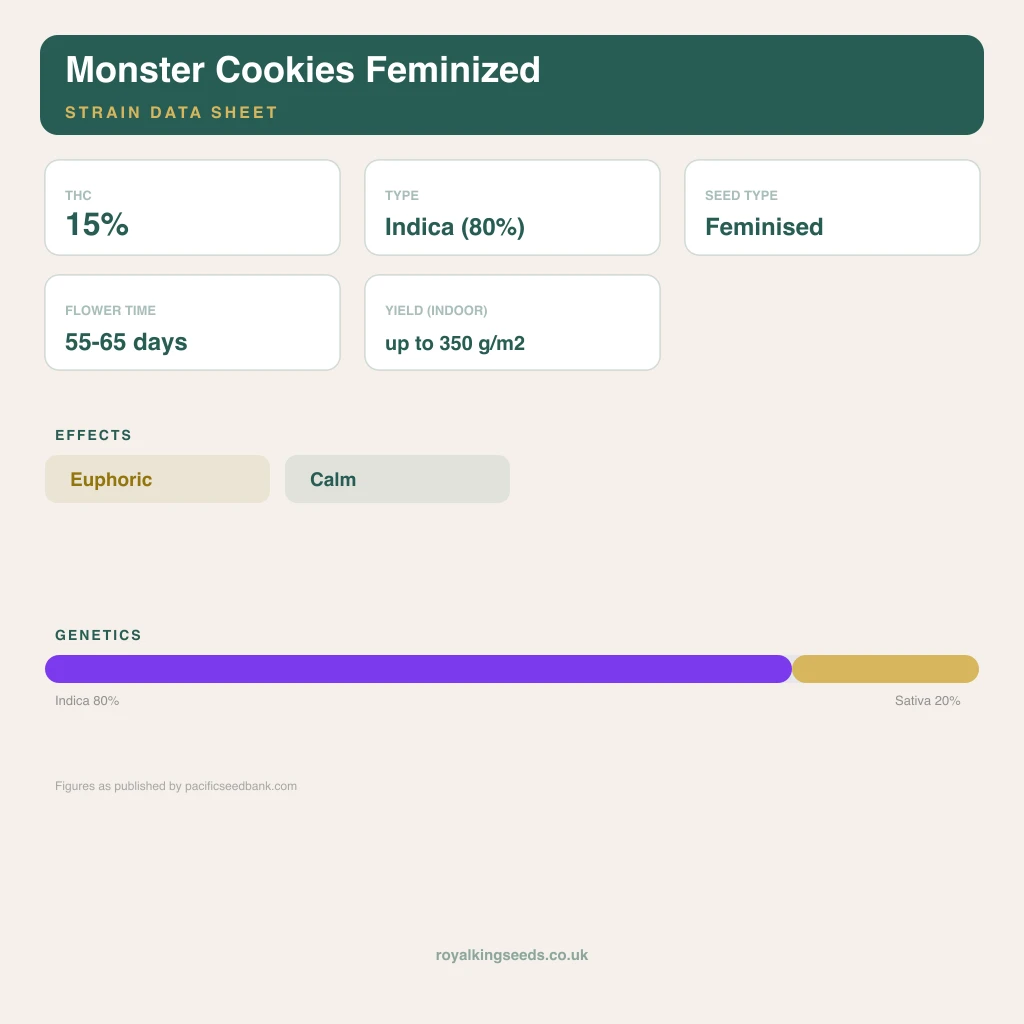 Monster Cookies 80% indica / 20% sativa flower with visible trichomes