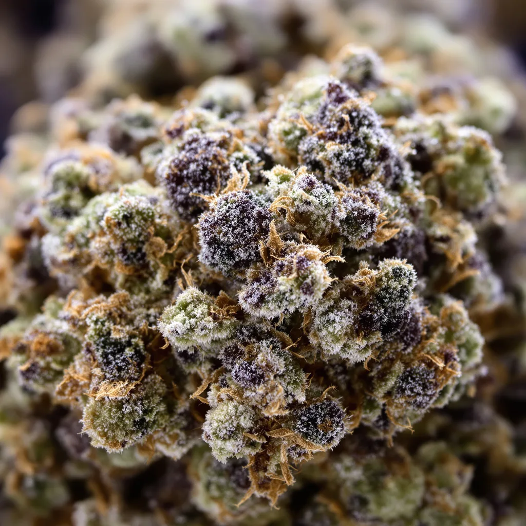 Monster Cookies cannabis bud close-up showing dense purple-tinged calyxes
