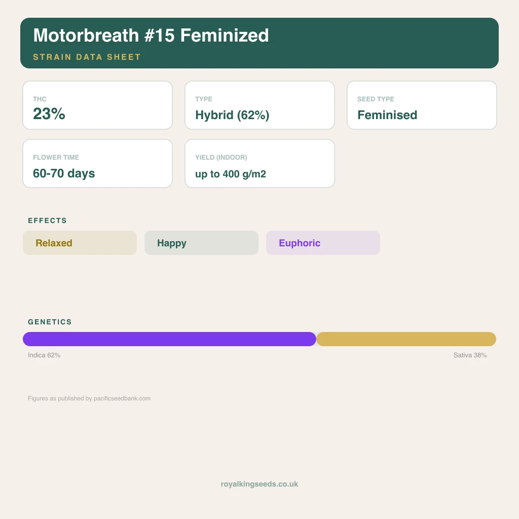 Motorbreath #15 62% indica / 38% sativa flower with visible trichomes