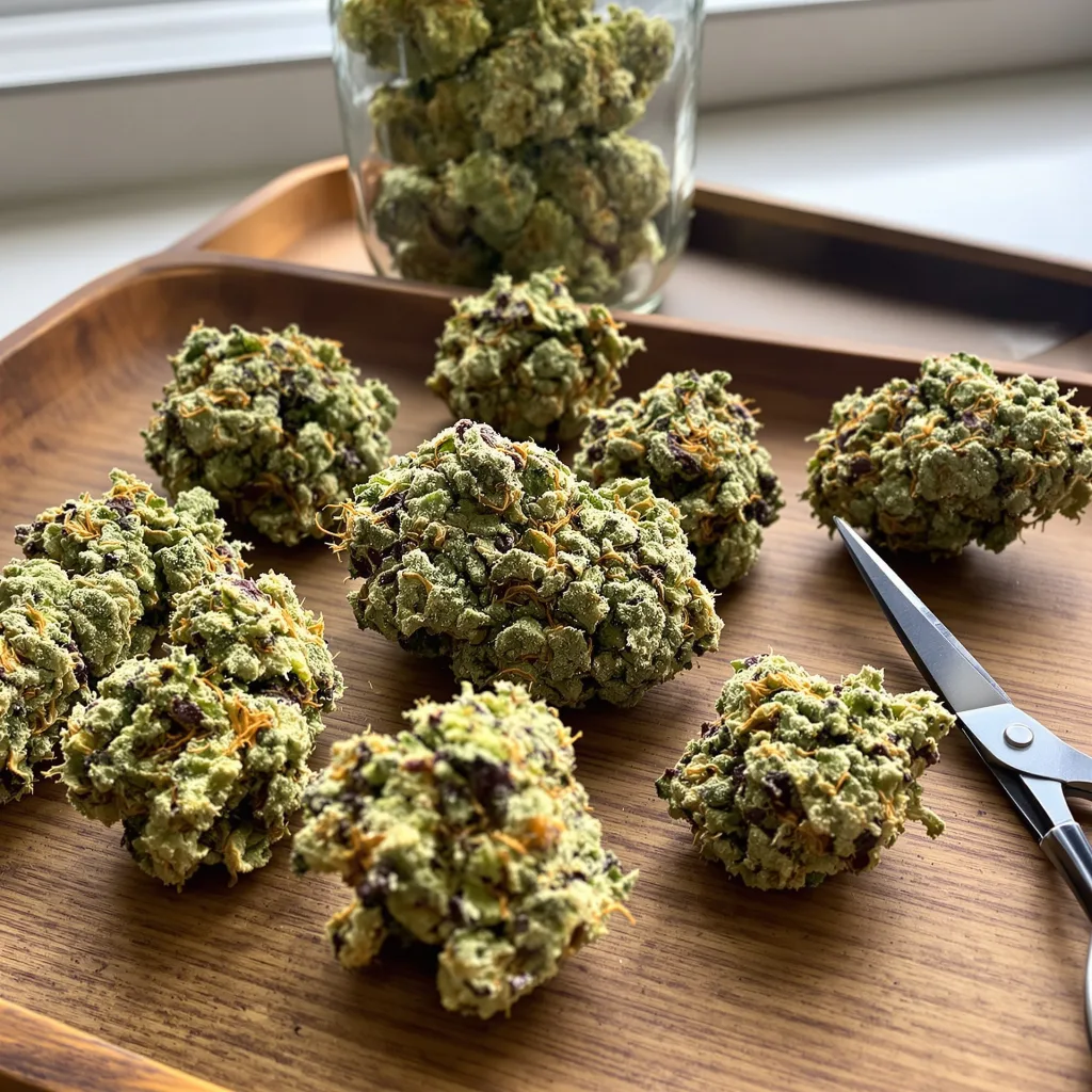 Mt. Rainier 43% indica / 57% sativa flower with visible trichomes