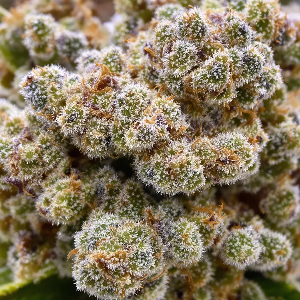 Mt. Rainier cannabis bud close-up showing balanced bud structure with frosted trichomes