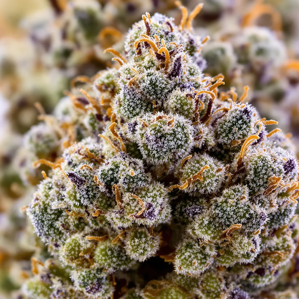 Nebula cannabis bud close-up showing open-bud structure with orange pistils
