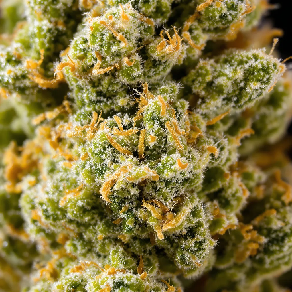 Neptune Kush cannabis bud close-up showing lime-green airy structure
