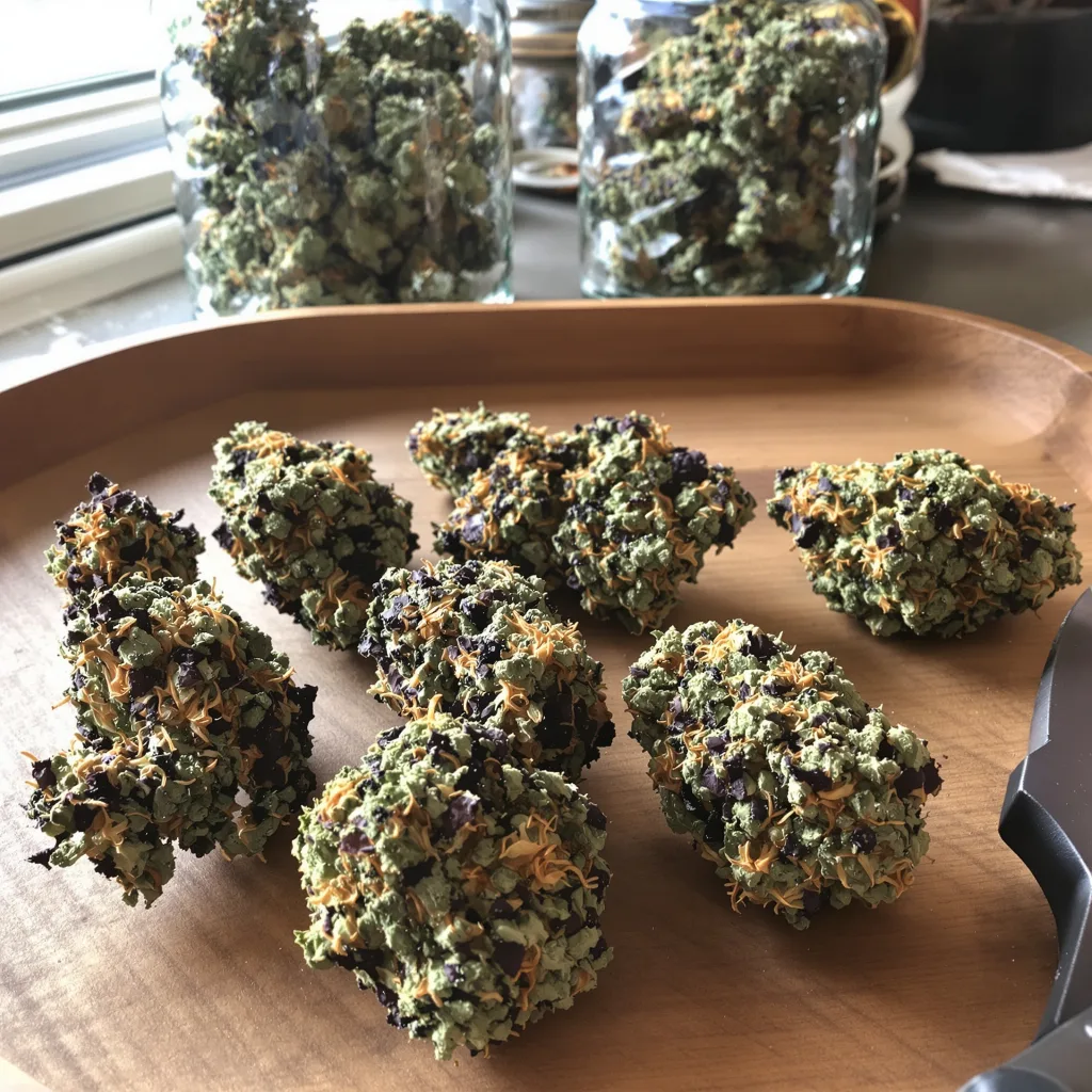 Neptune OG 76% indica / 24% sativa flower with visible trichomes